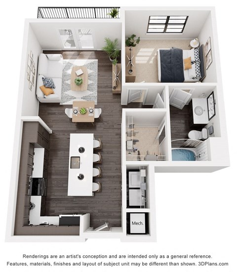 1 bedroom floor plan at Artisan Flats in Birmingham, AL